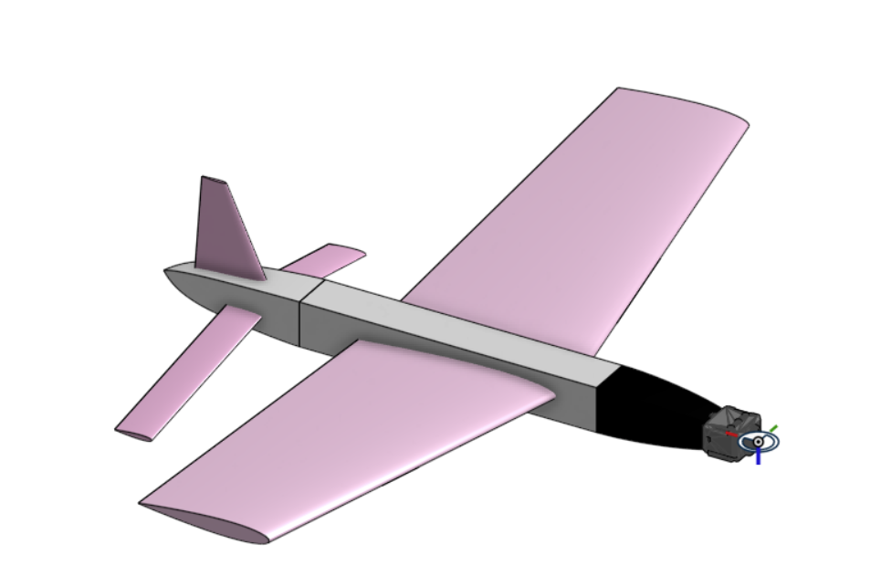 Onshape CAD model of the lightweight glider with pink wings and tail surfaces.
